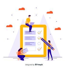 graphic of 3 individuals filling in a giant form